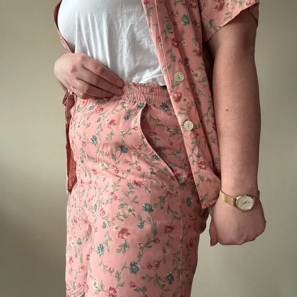 Vintage Pink Floral Top & Drawstring Shorts Set